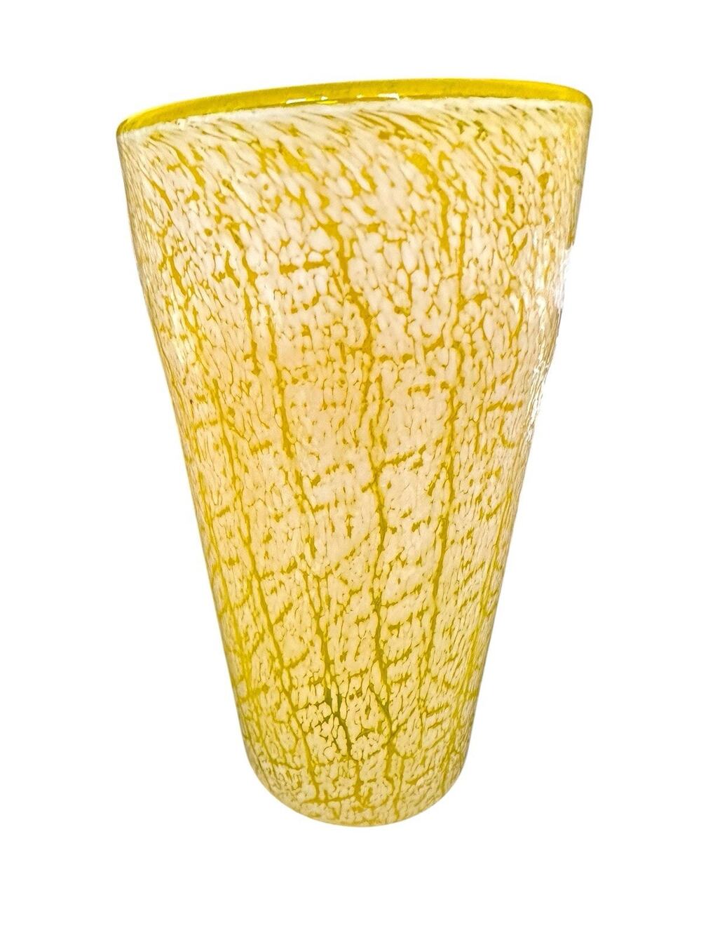 Art Glass Hand Made Lava Vase V Shape Bright Yellow White Accent 6.75” Tall